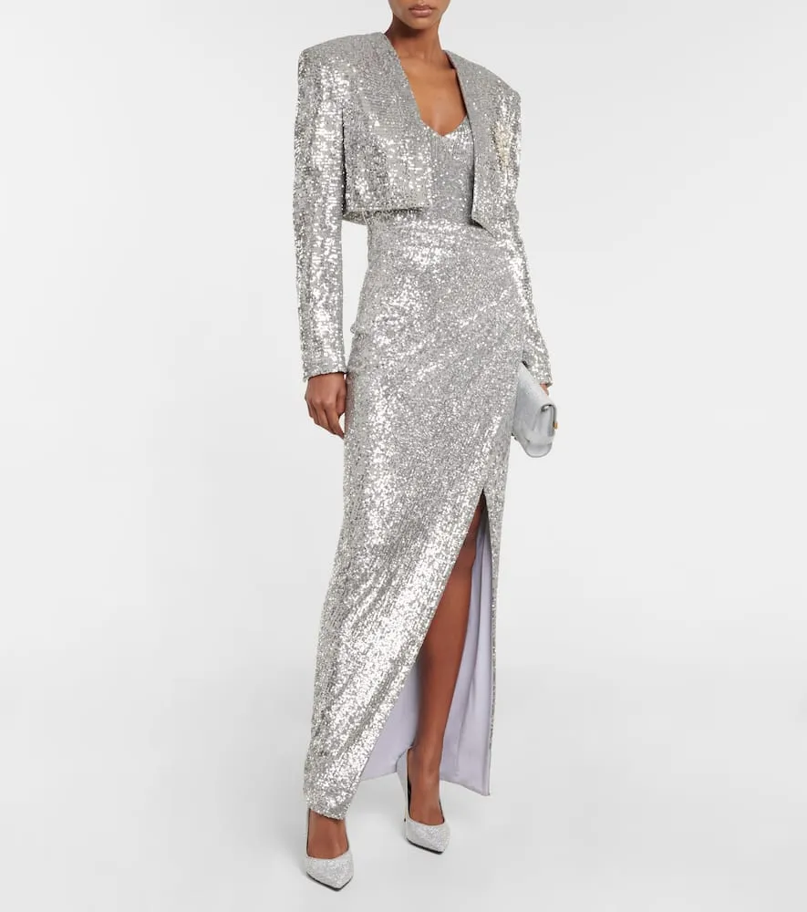 TAMMY CROPPED SEQUINED BLAZER IN SLIVER