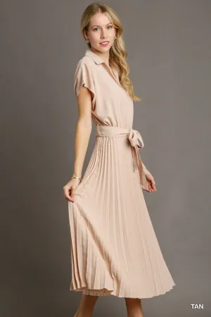 Tan Collared V-Neck Pleated Midi Dress