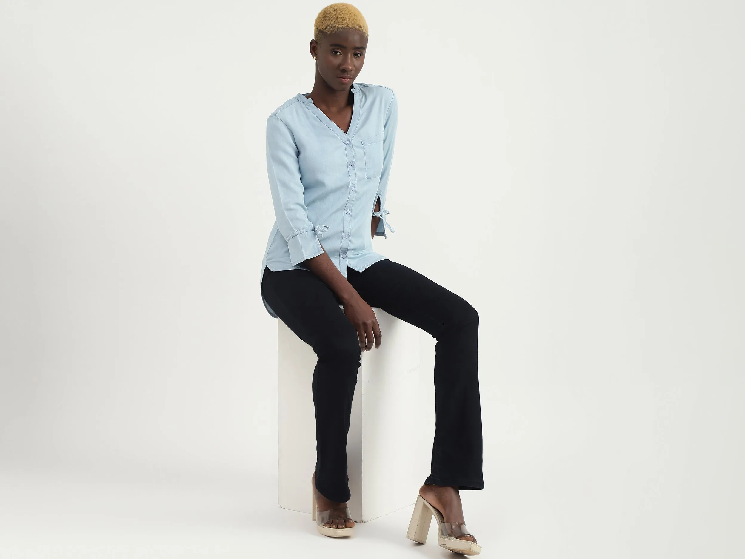 Tencel Solid V-Neck Women Tops