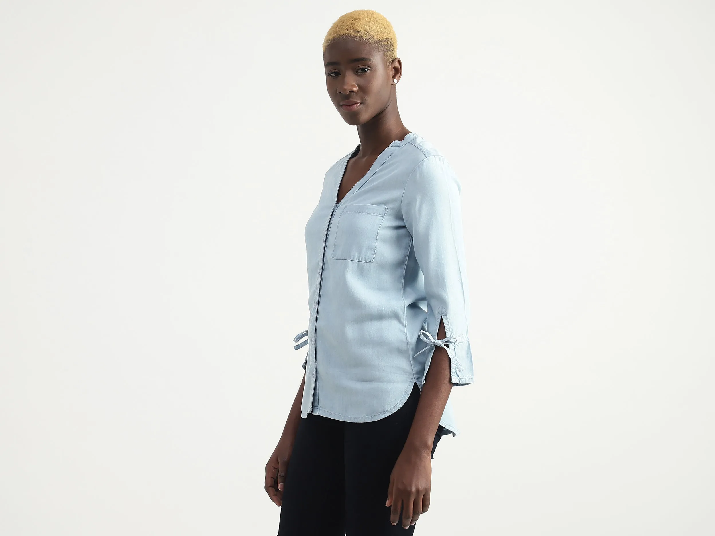 Tencel Solid V-Neck Women Tops