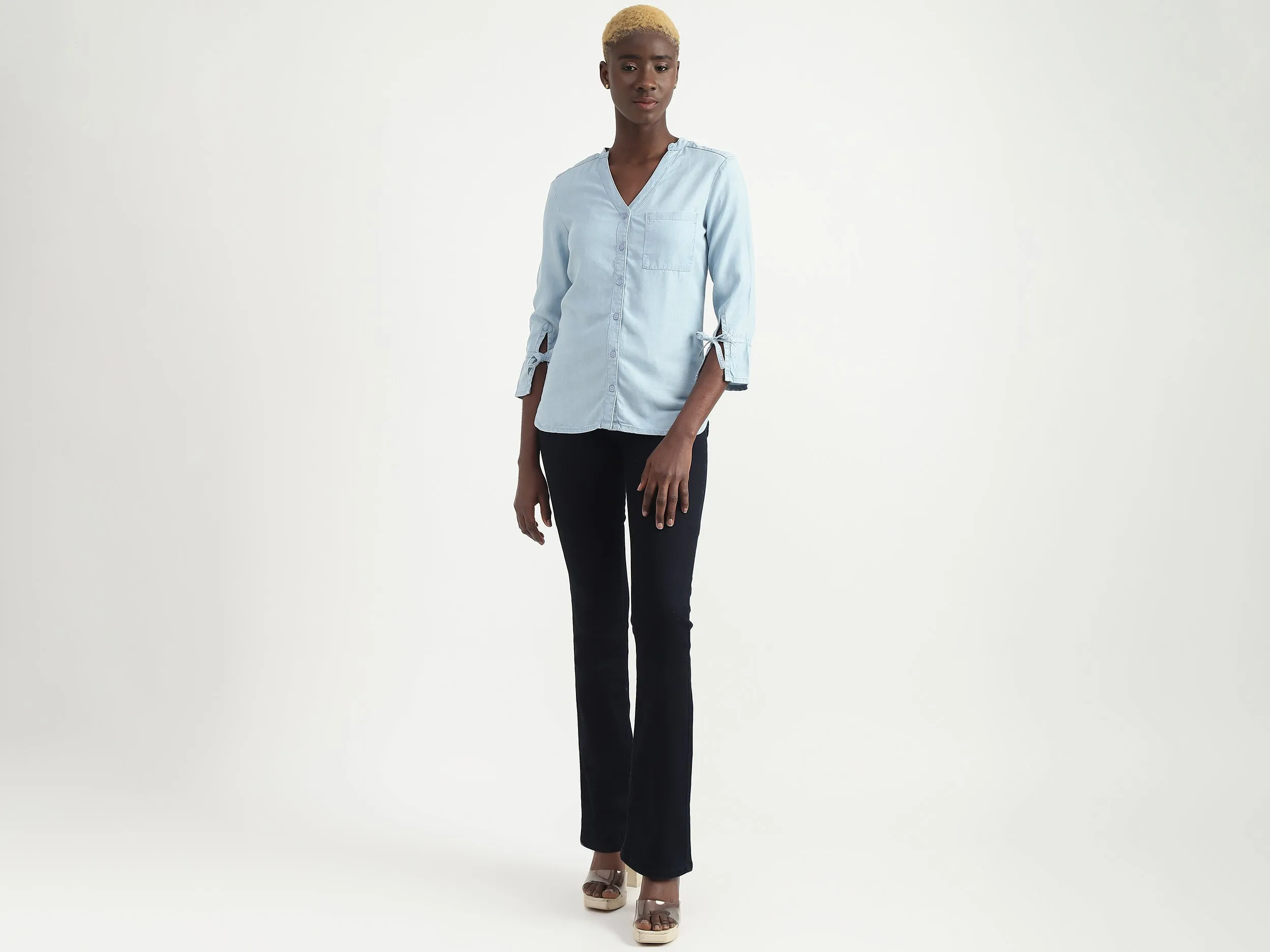 Tencel Solid V-Neck Women Tops