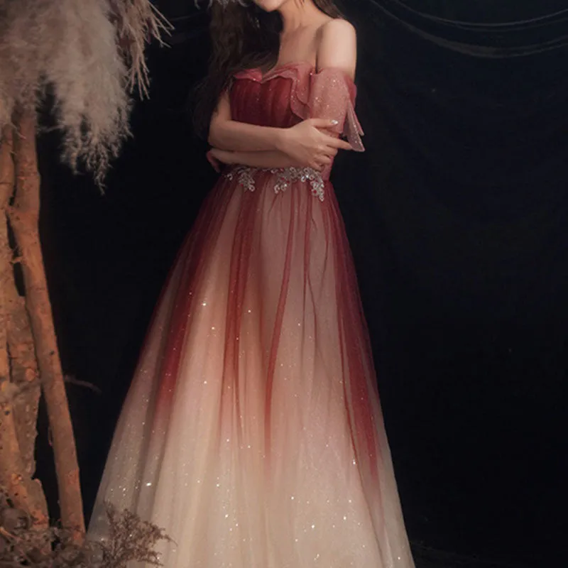 Tube top one-word shoulder evening dress women's  new toasting dress bride fairy temperament atmospheric thin banquet dress skirt
