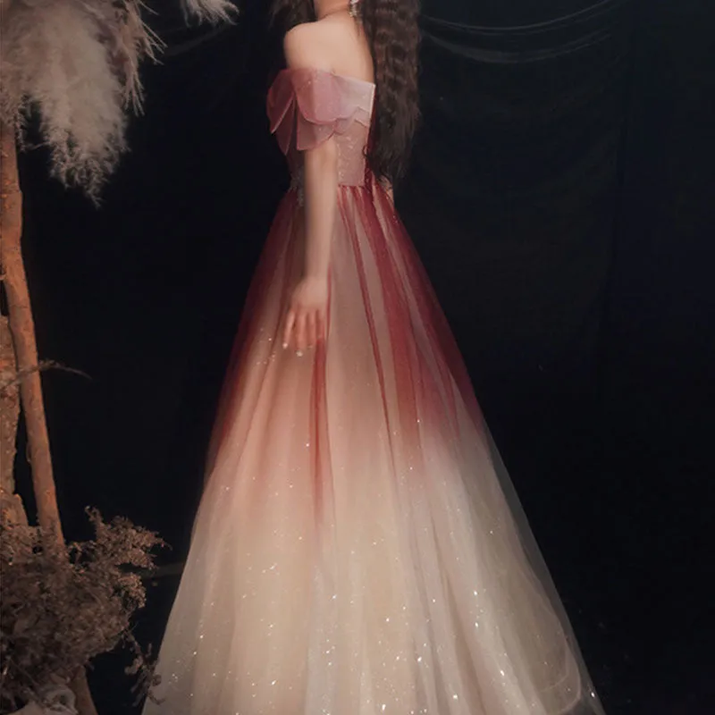 Tube top one-word shoulder evening dress women's  new toasting dress bride fairy temperament atmospheric thin banquet dress skirt