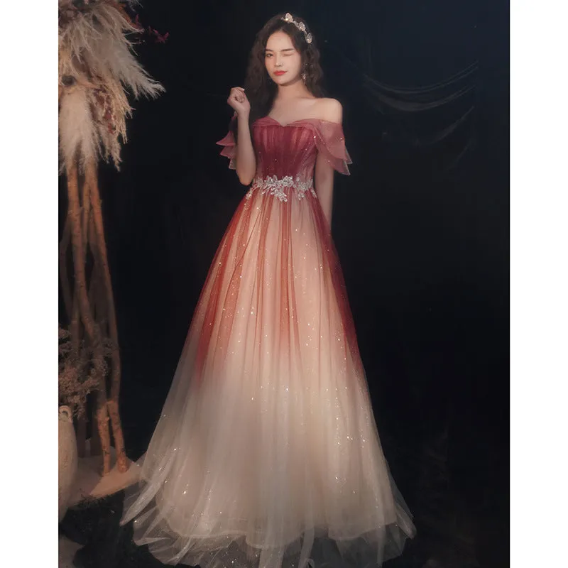 Tube top one-word shoulder evening dress women's  new toasting dress bride fairy temperament atmospheric thin banquet dress skirt
