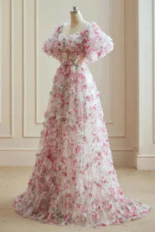 Tulle A-line Sweetheart Multi-Colors Floral Prom Dresses, Evening Dresses, MP957