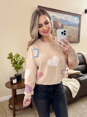 Ultra Soft Crewneck Sweater with Hearts in Taupe