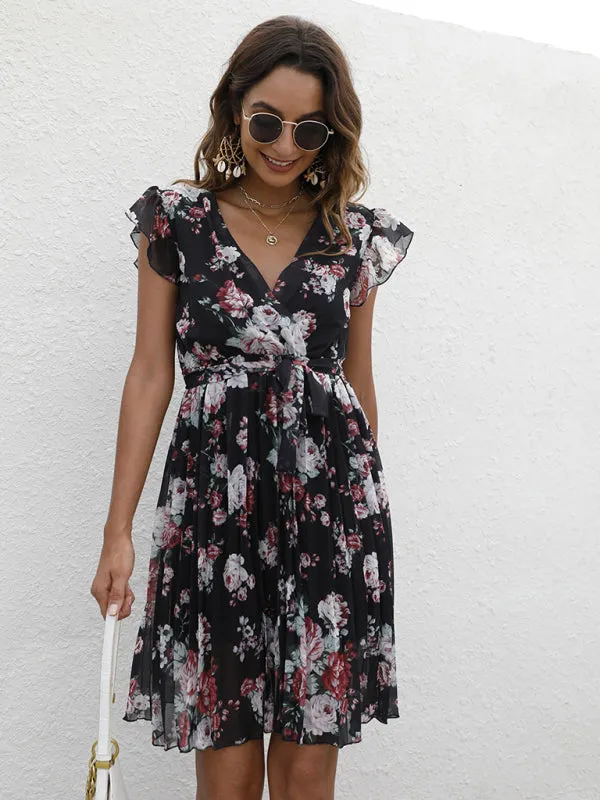 V-Neck Floral Dress with Waist Tie and Pleated Skirt