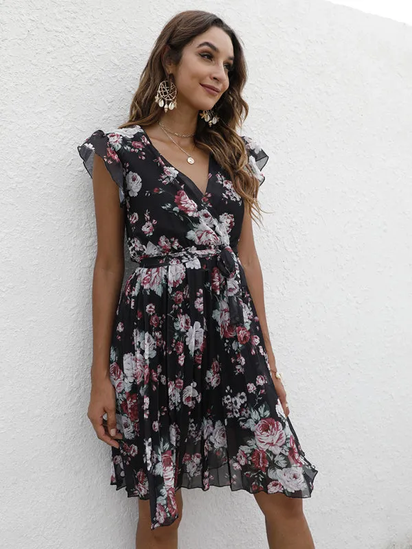 V-Neck Floral Dress with Waist Tie and Pleated Skirt