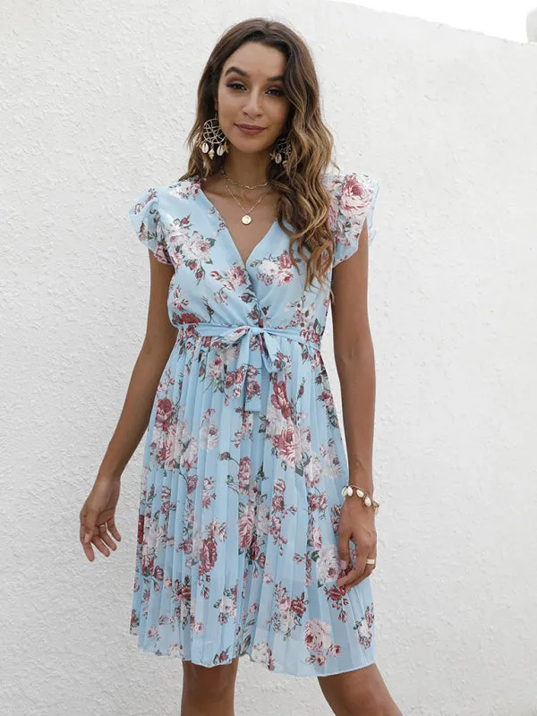 V-Neck Floral Dress with Waist Tie and Pleated Skirt
