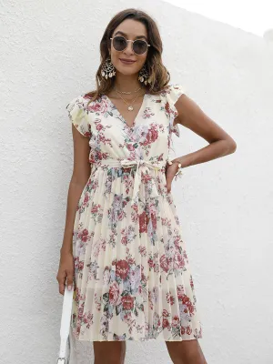 V-Neck Floral Dress with Waist Tie and Pleated Skirt