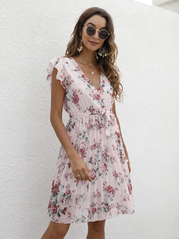 V-Neck Floral Dress with Waist Tie and Pleated Skirt