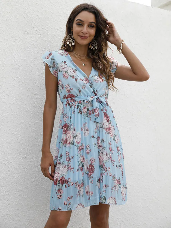 V-Neck Floral Dress with Waist Tie and Pleated Skirt