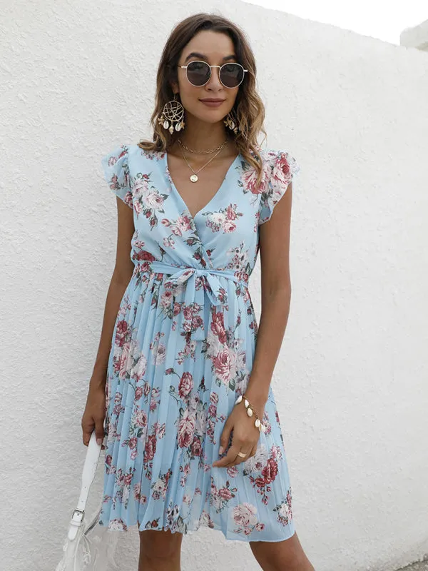 V-Neck Floral Dress with Waist Tie and Pleated Skirt
