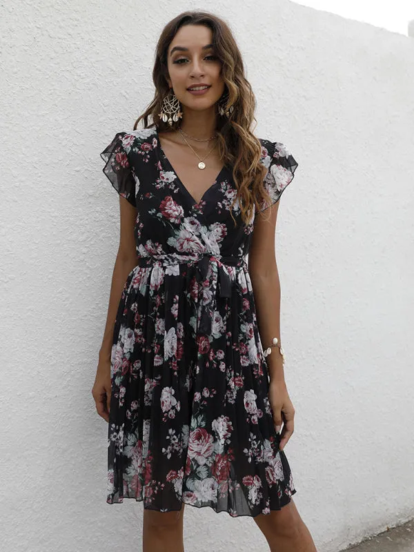 V-Neck Floral Dress with Waist Tie and Pleated Skirt