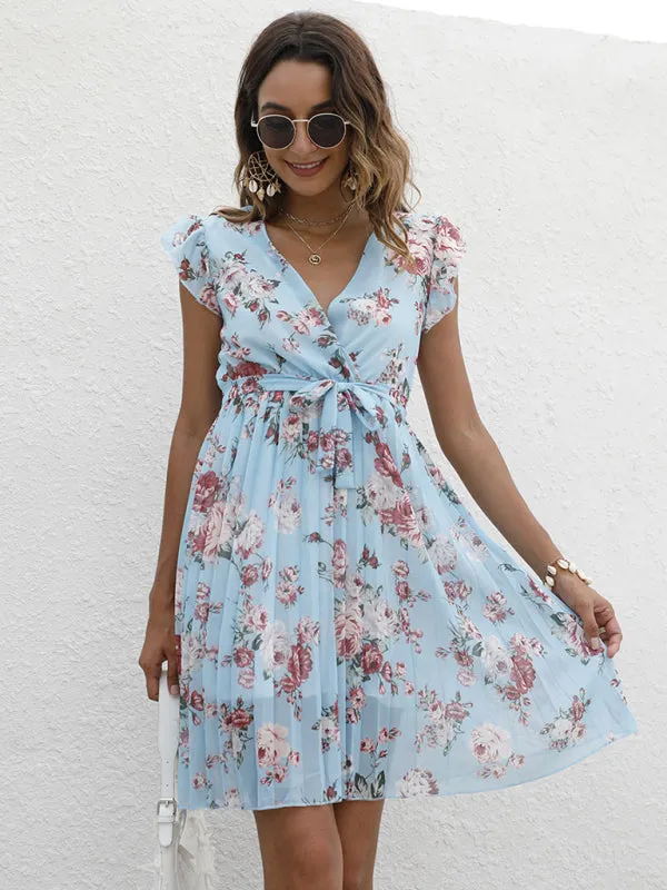 V-Neck Floral Dress with Waist Tie and Pleated Skirt