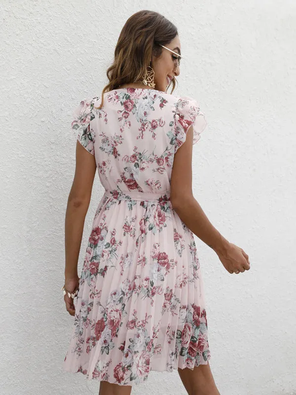 V-Neck Floral Dress with Waist Tie and Pleated Skirt