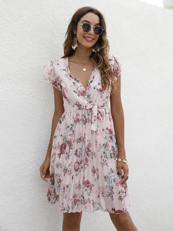 V-Neck Floral Dress with Waist Tie and Pleated Skirt