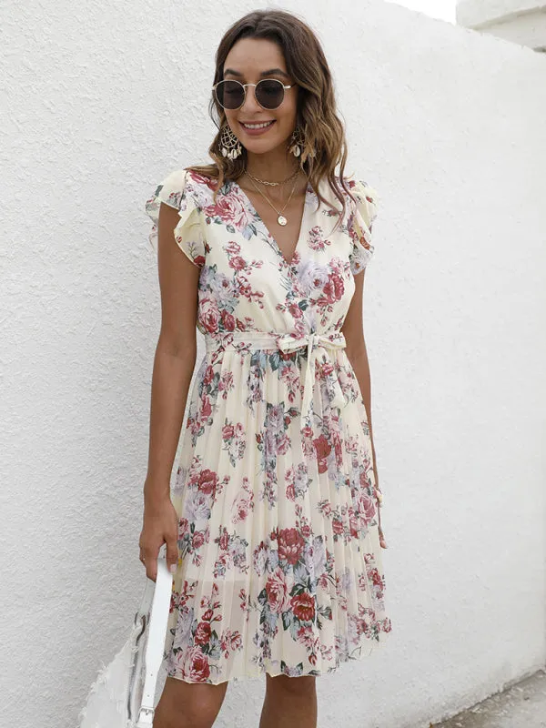 V-Neck Floral Dress with Waist Tie and Pleated Skirt