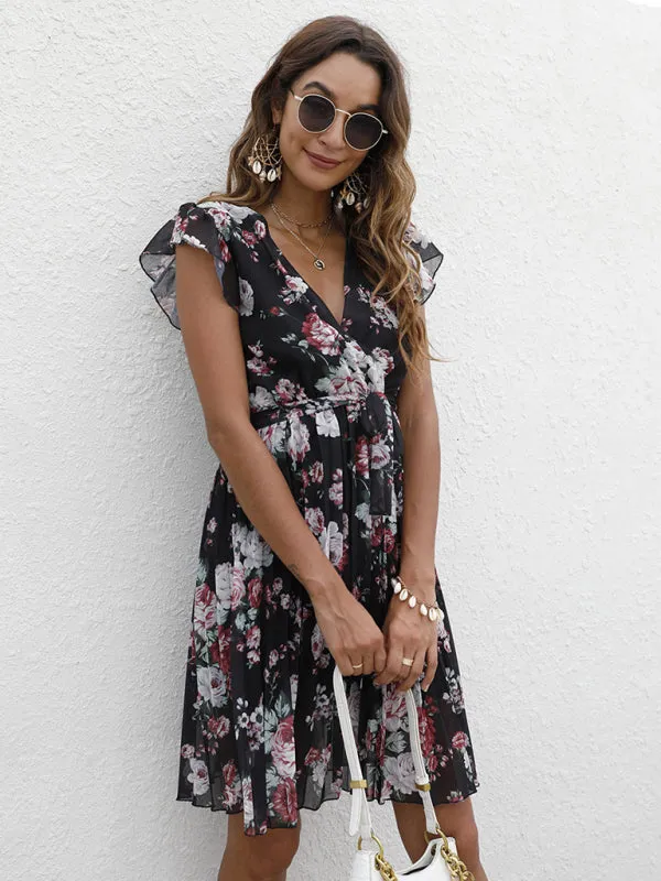 V-Neck Floral Dress with Waist Tie and Pleated Skirt