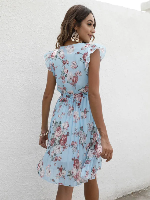 V-Neck Floral Dress with Waist Tie and Pleated Skirt