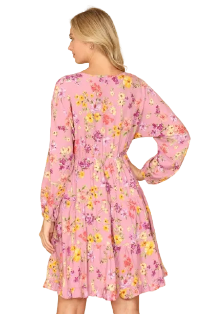 V Neck Floral Long Sleeve Tiered Dress Mauve - Pack of 6