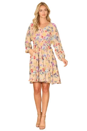 V Neck Floral Long Sleeve Tiered Dress Tan - Pack of 6