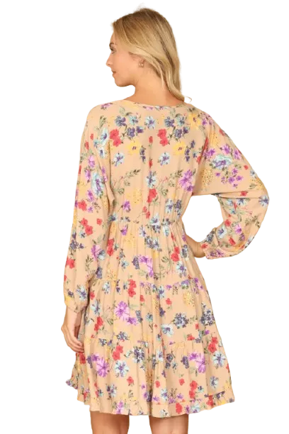 V Neck Floral Long Sleeve Tiered Dress Tan - Pack of 6