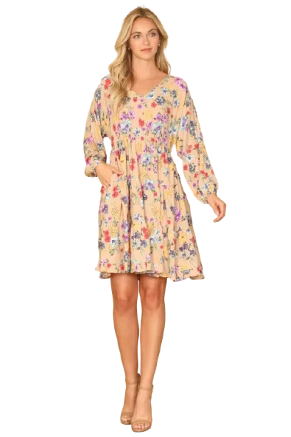 V Neck Floral Long Sleeve Tiered Dress Tan - Pack of 6