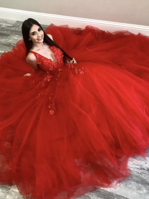 V Neck Long Red Lace Floral Prom, Red Lace Formal, Red Floral Evening