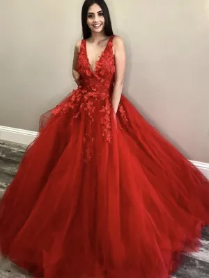 V Neck Long Red Lace Floral Prom, Red Lace Formal, Red Floral Evening