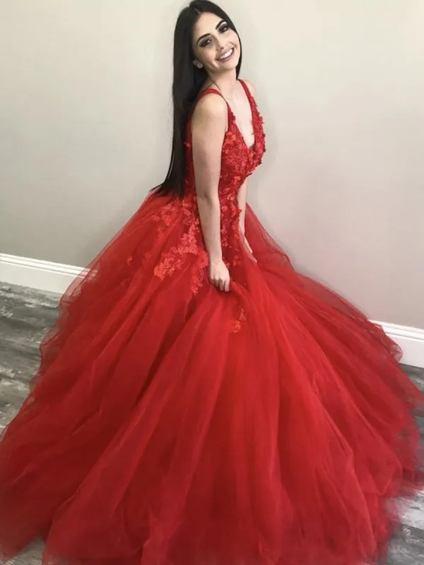 V Neck Long Red Lace Floral Prom, Red Lace Formal, Red Floral Evening