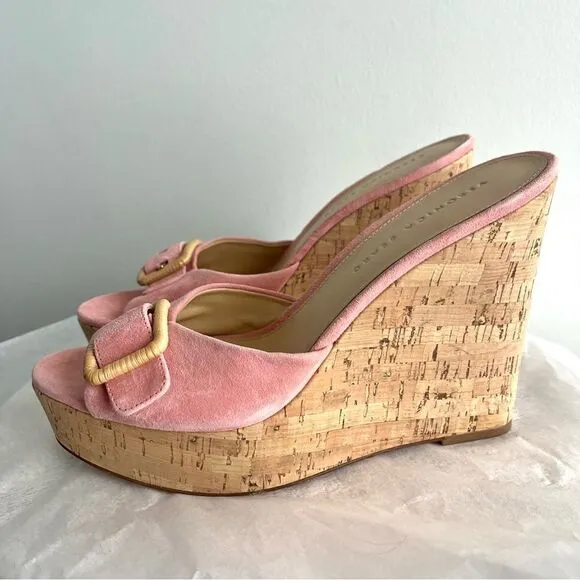 Veronica Beard Donata Pink Suede Wedge Sandals in Pink Dragonfruit Sz 10.5