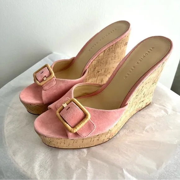 Veronica Beard Donata Pink Suede Wedge Sandals in Pink Dragonfruit Sz 10.5