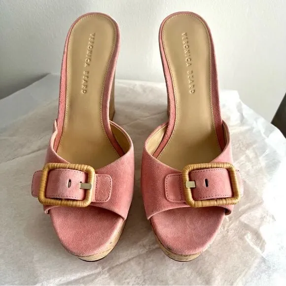Veronica Beard Donata Pink Suede Wedge Sandals in Pink Dragonfruit Sz 10.5