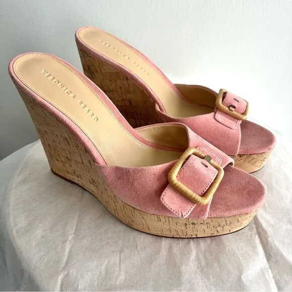 Veronica Beard Donata Pink Suede Wedge Sandals in Pink Dragonfruit Sz 10.5