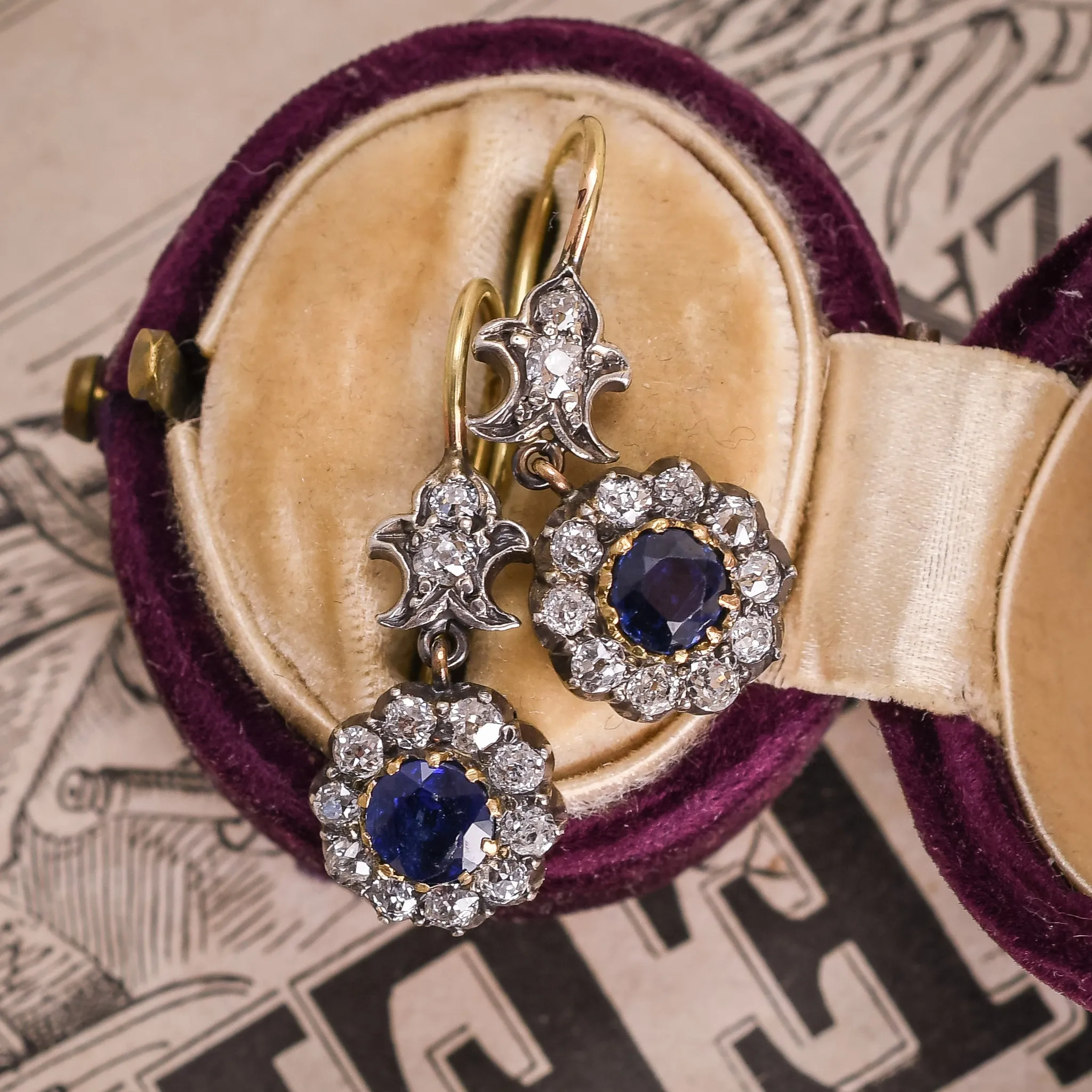 Victorian Sapphire & Diamond Fleur-de-lys Cluster Earrings