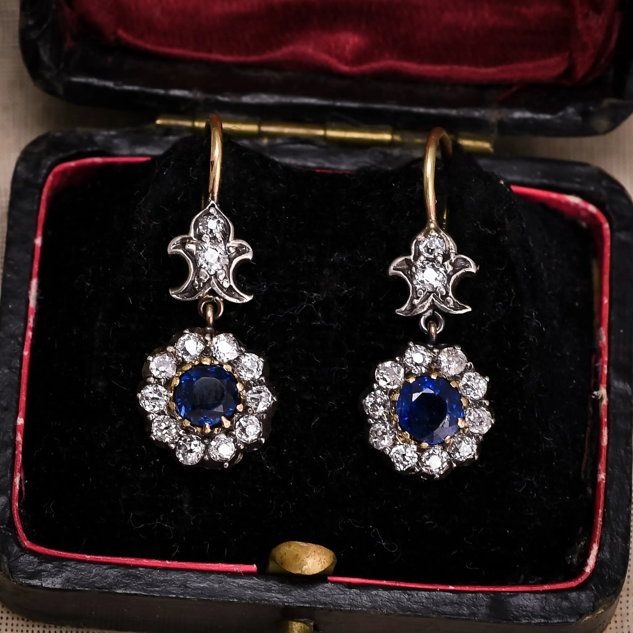 Victorian Sapphire & Diamond Fleur-de-lys Cluster Earrings