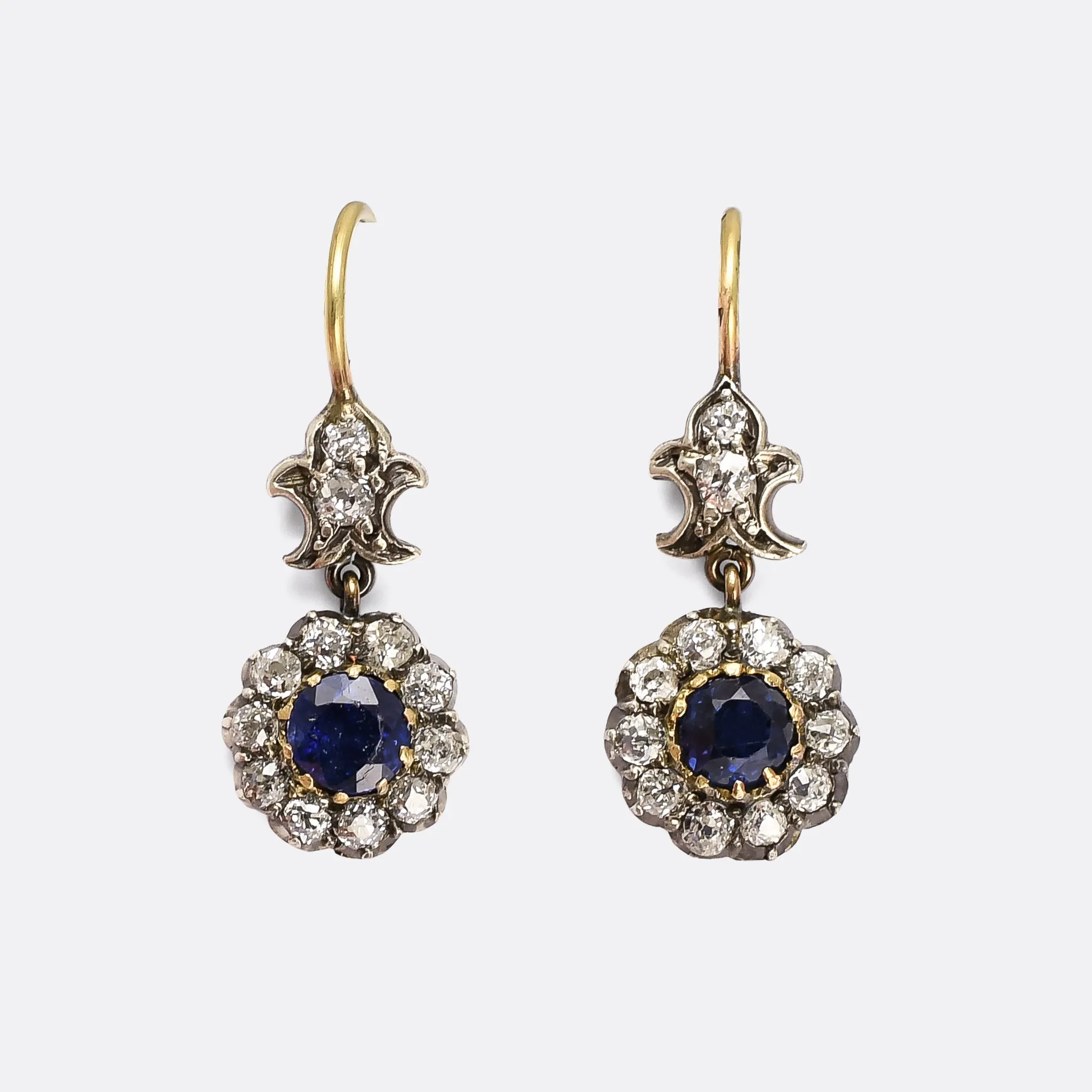 Victorian Sapphire & Diamond Fleur-de-lys Cluster Earrings