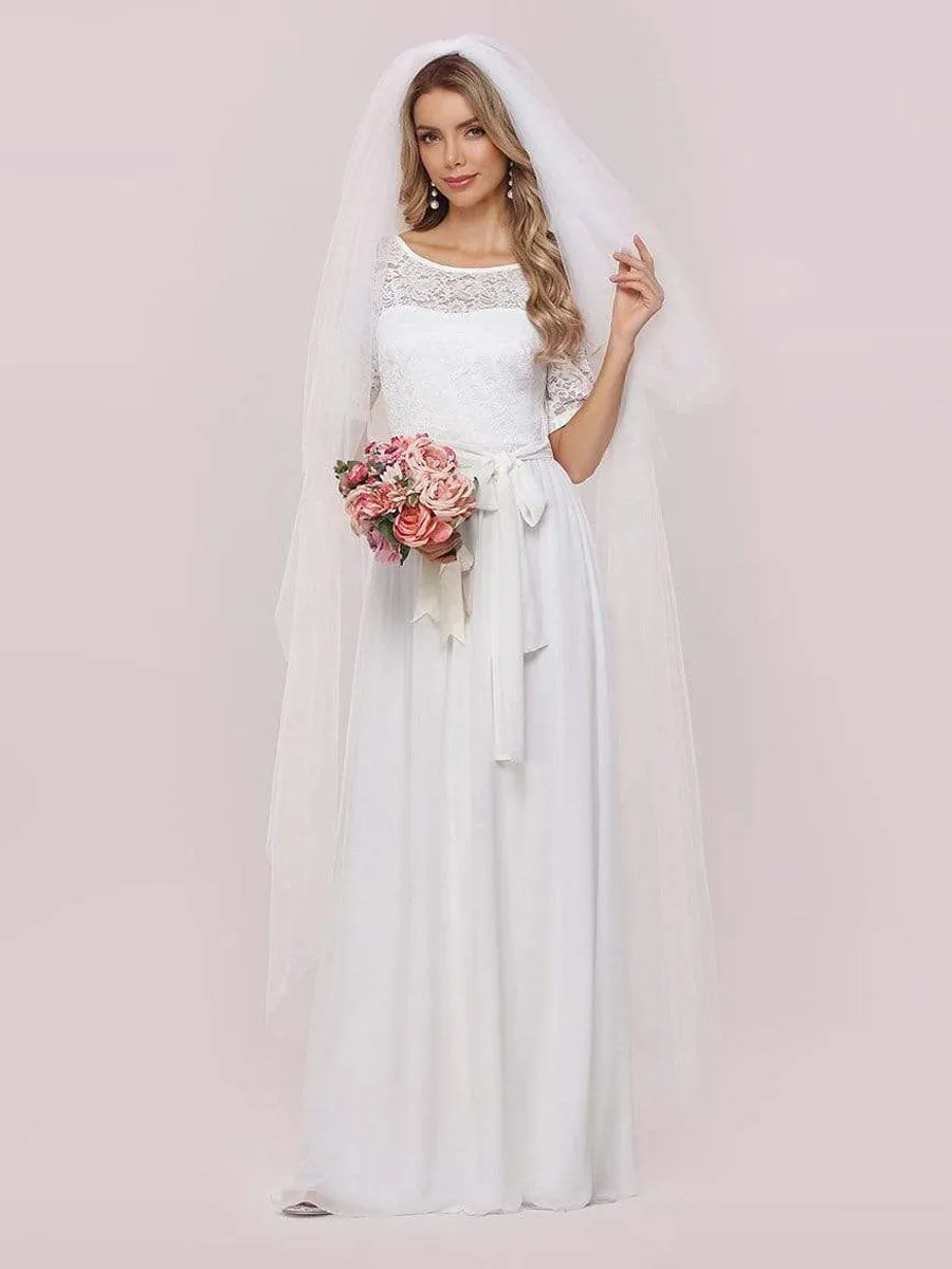 White Casual Wedding Dress Chiffon Jewel Neck Short Sleeves Sash A-Line Long Bridal Gowns