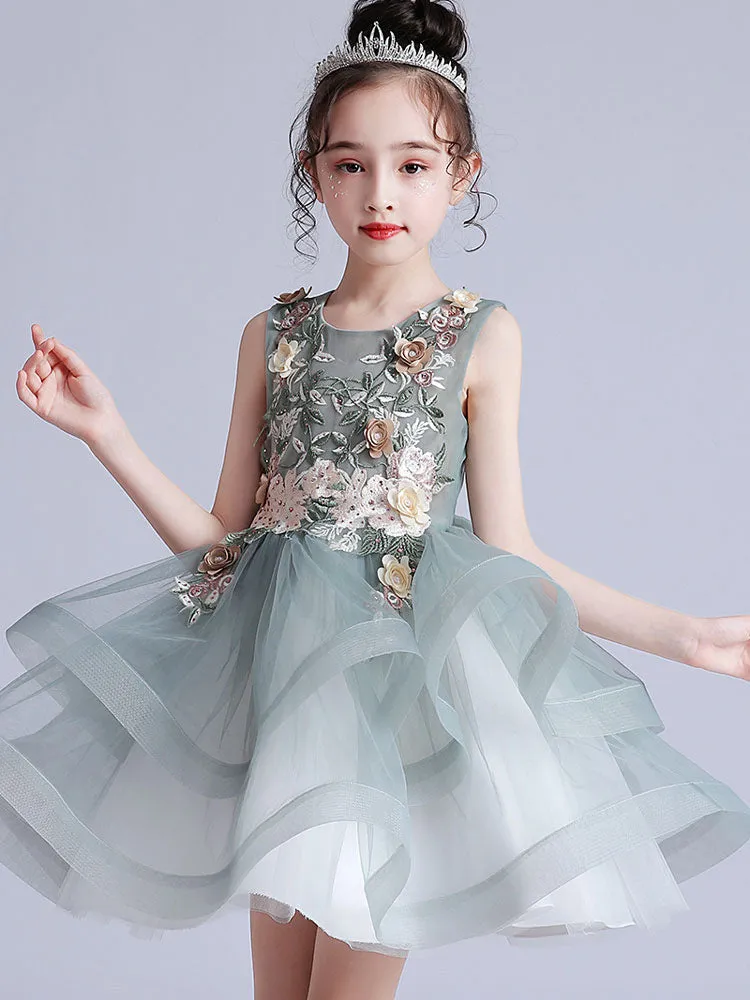 White Jewel Neck Short Sleeves Embroidered Kids Party Dresses