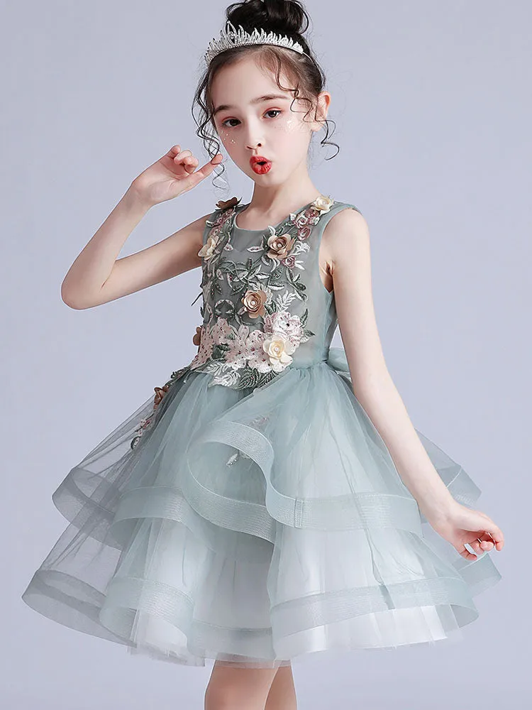 White Jewel Neck Short Sleeves Embroidered Kids Party Dresses