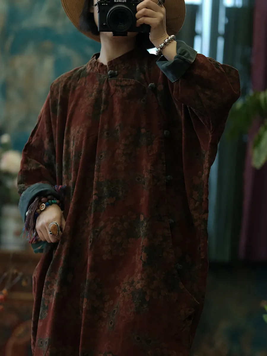 Women Autumn Vintage Flower Cotton Robe Dress