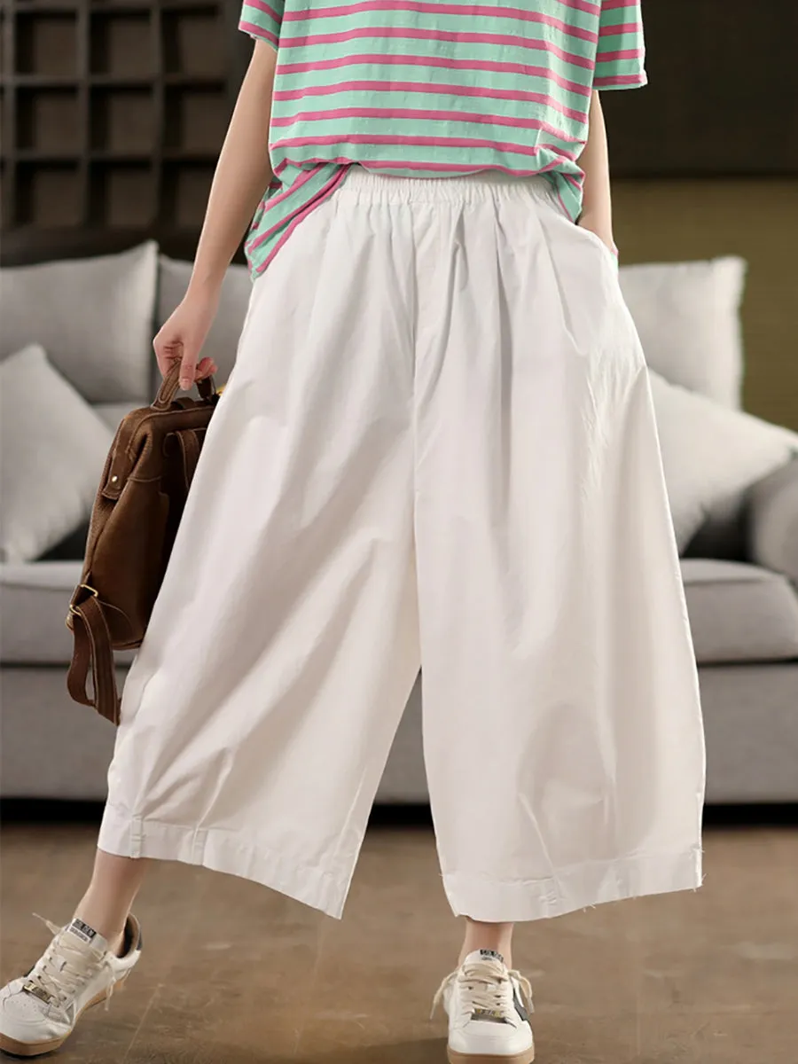 Women Casual Pure Color 100%Cotton Wide-leg Pants