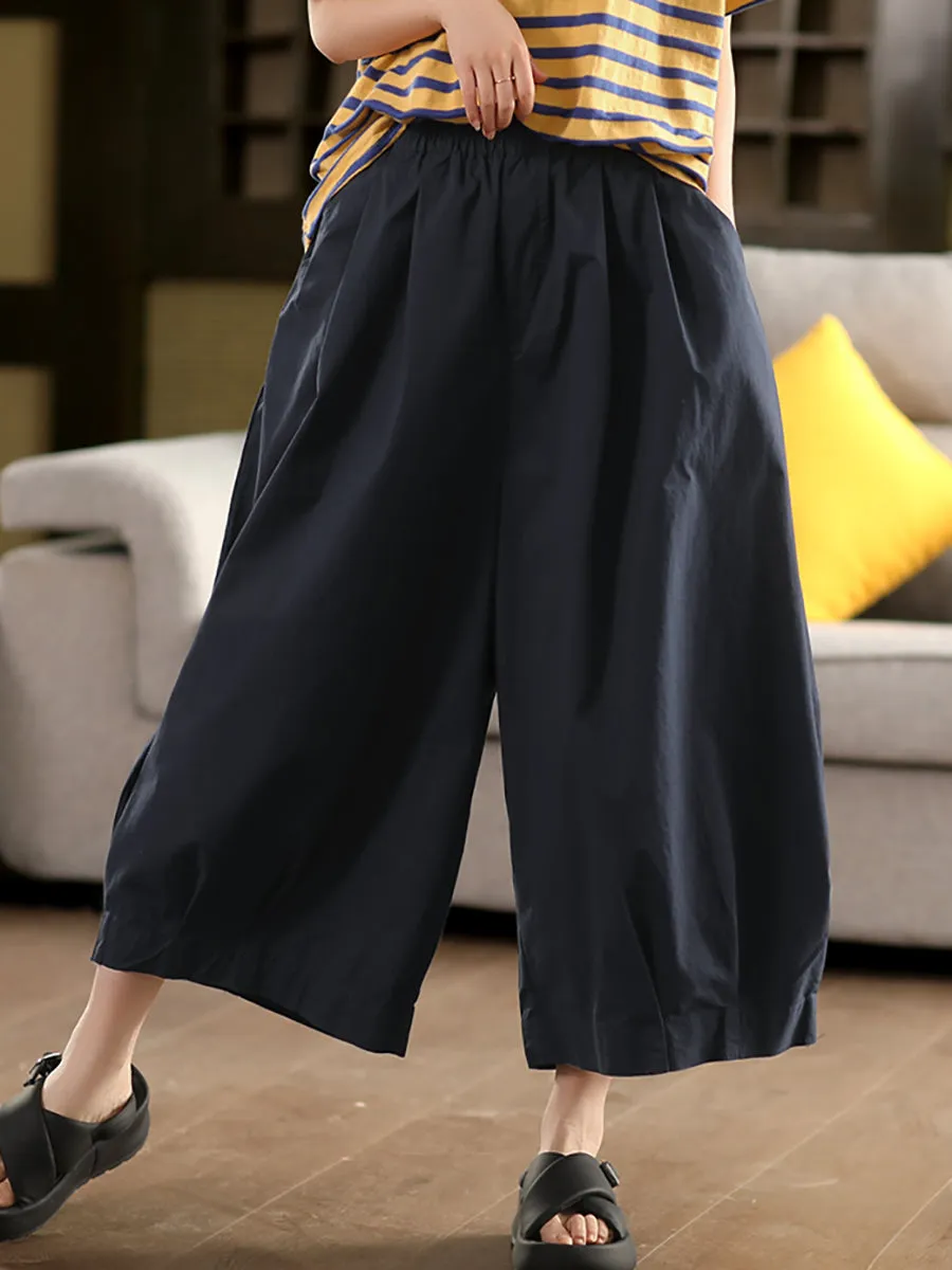 Women Casual Pure Color 100%Cotton Wide-leg Pants