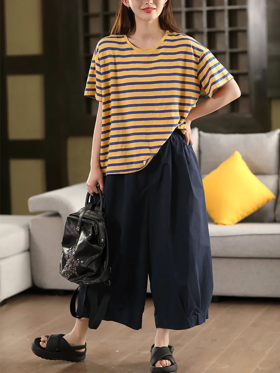 Women Casual Pure Color 100%Cotton Wide-leg Pants