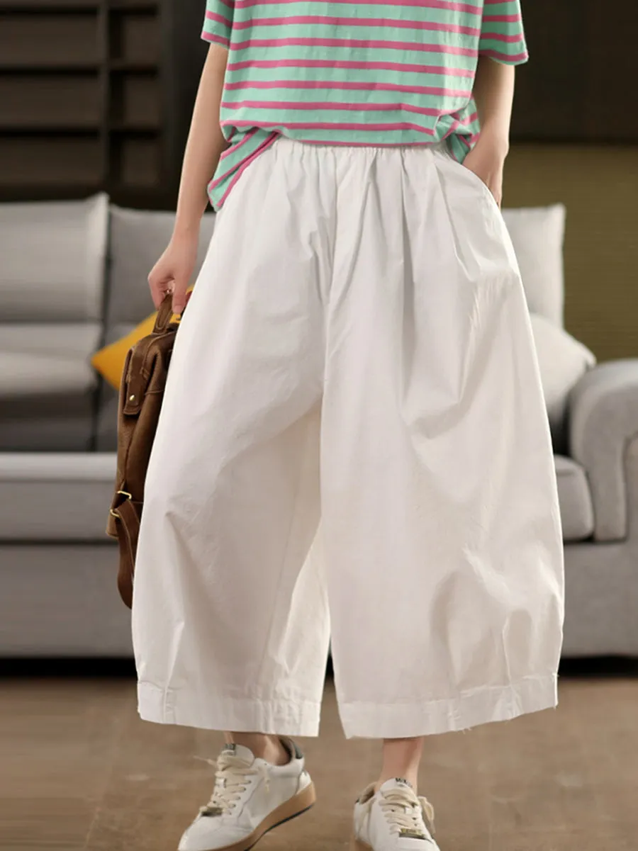 Women Casual Pure Color 100%Cotton Wide-leg Pants
