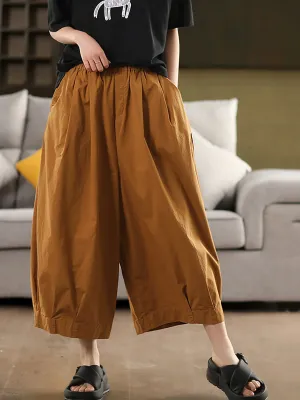 Women Casual Pure Color 100%Cotton Wide-leg Pants