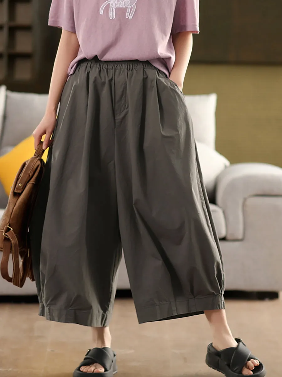 Women Casual Pure Color 100%Cotton Wide-leg Pants