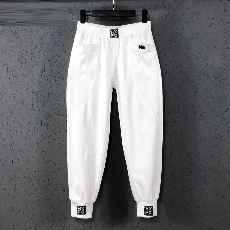 Women Elastic Waist Loose White Jeans