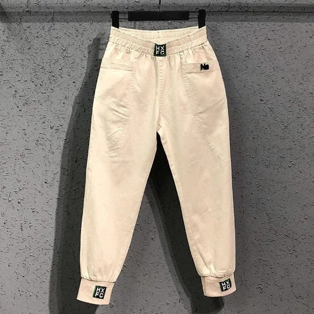 Women Elastic Waist Loose White Jeans